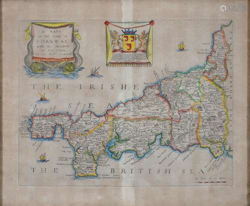 RICHARD BLOME - CORNWALL, DOUBLE PAGE ENGRAVED MAP WITH MARGINS, 1673 OR LATER, HAND COLOURED, 29.