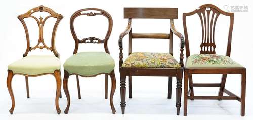 A VICTORIAN MAHOGANY ELBOW CHAIR, A CONTEMPORARY MAHOGANY DINING CHAIR, A CARVED MAHOGANY SALON