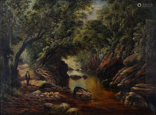 ENGLISH SCHOOL 19TH C - ANGLER ON A PATH IN A ROCKY GORGE, OIL ON CANVAS, 45.5 X 61CM