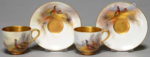 A PAIR OF ROYAL WORCESTER COFFEE CUPS AND SAUCERS, 1924 AND 1926, PAINTED BY JAS STINTON, EACH PIECE