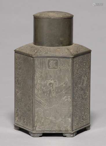 A CHINESE HEXAGONAL PEWTER TEA CADDY AND COVER, LATE 19TH C, THE SIDES ENGRAVED WITH FIGURES