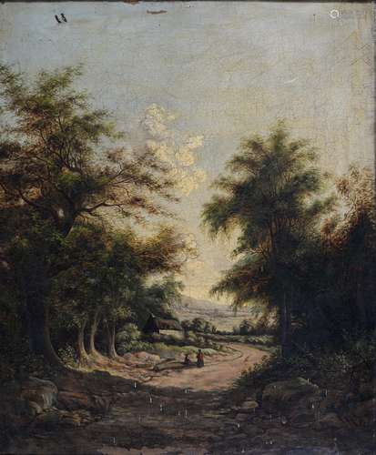 ENGLISH SCHOOL 19TH C - WOODED LANDSCAPE WITH FIGURES CONVERSING ON A ROAD, OIL ON CANVAS, 58 X 48.