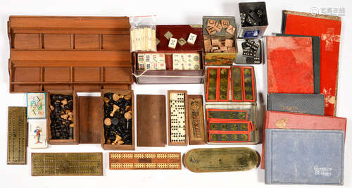 MISCELLANEOUS VINTAGE BOARD GAMES, STAUNTON PATTERN AND OTHER CHESSMEN, VICTORIAN BRASS CRIBBAGE