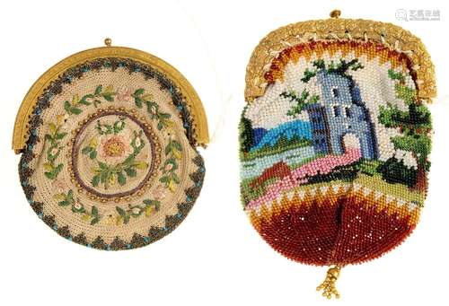 AN ENGLISH STAMPED GILT BRASS, KNITTED WOOL AND FLORAL EMBROIDERED COIN PURSE AND A BEADWORK EXAMPLE