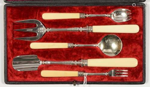 AN EDWARDIAN EPNS SERVING SET, C1900, BONE HAFTED, COMPRISING FORK, CHEESE SCOOP, EGG SPOON, BREAD