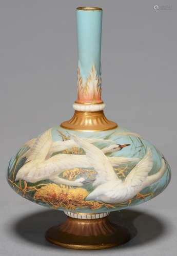 A ROYAL WORCESTER VASE, 1905, PAINTED BY C H BALDWYN, SIGNED, WITH SWANS AND RAISED GILDING ON A SKY