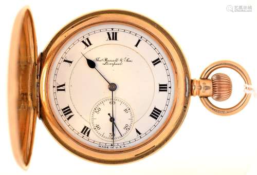 A 15CT GOLD HUNTING CASED KEYLESS LEVER WATCH, THOMAS RUSSELL & SON LIVERPOOL, WITH WALTHAM