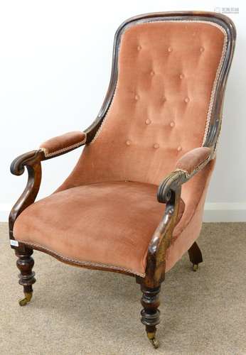 A VICTORIAN MAHOGANY ARMCHAIR, C1870, ON TURNED FORELEGS WITH BRASS CASTORS, SEAT HEIGHT 38CM Old