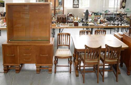 A NORTHERN EUROPEAN OAK DINING TABLE ON COUPLED UPRIGHTS UNITED BY A STRETCHER, 75CM H; 92 X