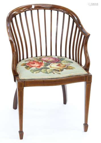 AN EDWARDIAN INLAID MAHOGANY SALON CHAIR WITH WOOLWORK SEAT, 55CM W Repair to back rail, many scuffs