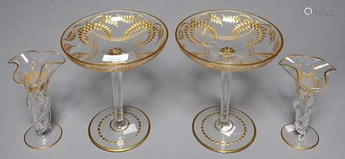 A PAIR OF FRENCH GILT GLASS TAZZE AND TWO SIMILAR TRUMPET SHAPED VASES, EARLY 20TH C, TAZZE 20CM H