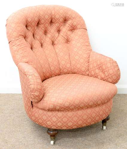 A VICTORIAN ARMCHAIR, C1880, UPHOLSTERED IN BUTTONED PINK TRELLIS FABRIC, ON TURNED WALNUT FEET