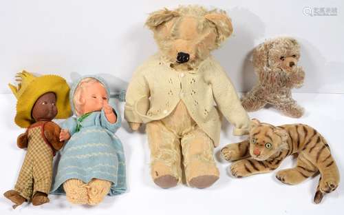 MISCELLANEOUS SOFT TOYS, SECOND QUARTER 20TH C, TO INCLUDE A FELT CHARACTER DOLL IN CHEQUERED