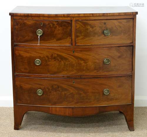 A VICTORIAN MAHOGANY BOW FRONTED CHEST OF DRAWERS, C1840, ON BRACKET FEET, 88CM H; 49 X 89CM Top and