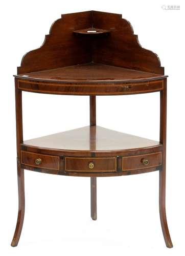 A VICTORIAN MAHOGANY BOW FRONTED CORNER WASHSTAND, 100CM H; 66 X 45CM One leg broken and repaired,