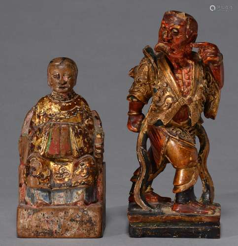 TWO CHINESE LACQUERED WOOD FIGURES, LATE 19TH C, 12.5 AND 15.5CM H Chipped and worn, head of smaller