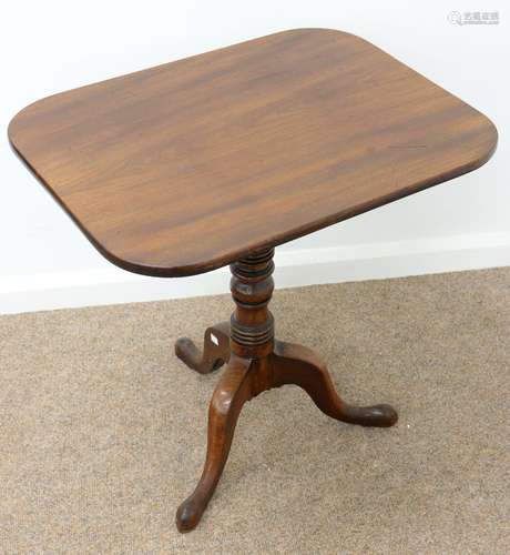 A VICTORIAN MAHOGANY TRIPOD TABLE, C1840, THE OBLONG TOP ON RING BALUSTER PILLAR, 68CM H; 50 X