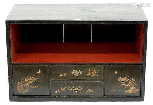 A CHINOISERIE JAPANNED CHEST, LATE 19TH C, 50CM H; 97 X 45CM Numerous chips and scuffs, decoration