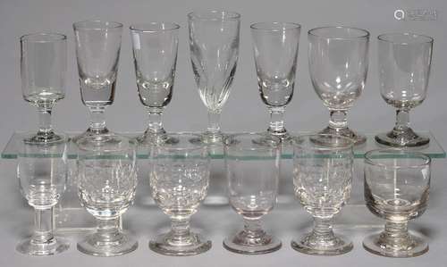 THIRTEEN GLASS RUMMERS, 19TH C, INCLUDING A SET OF THREE EARLY VICTORIAN EXAMPLES WITH PRINTIES,