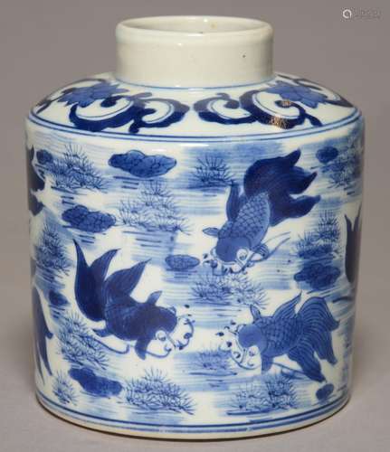 A CHINESE BLUE AND WHITE CYLINDRICAL JAR AND COVER, PAINTED WITH CARP, THE SHOULDER WITH LOTUS AND