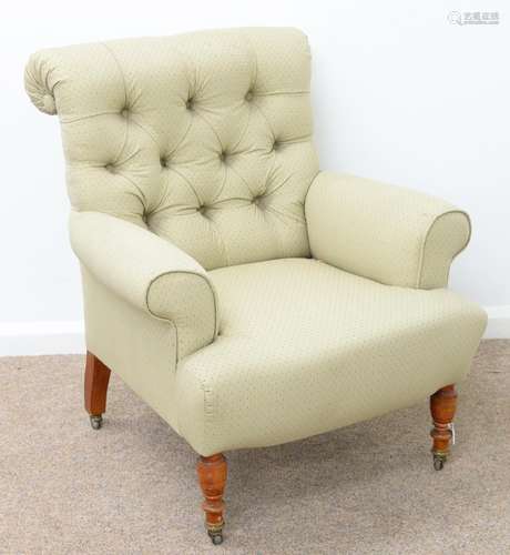 A VICTORIAN ARMCHAIR, C1881, RECOVERED IN BUTTONED UPHOLSTERY, ON TURNED FORELEGS WITH BEADED