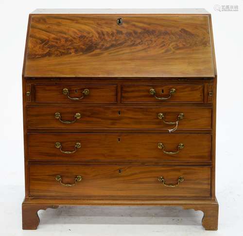 A GEORGE III MAHOGANY BUREAU ON BRACKET FEET, FORMERLY PART OF A BUREAU BOOKCASE, 110CM H; 112 X