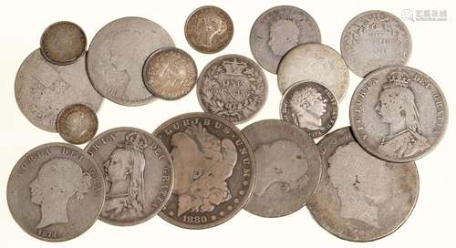 MISCELLANEOUS UNITED KINGDOM SILVER COINS, PRINCIPALLY A GEORGE III CROWN AND VICTORIAN FLORINS