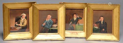 BRITISH SCHOOL, 19TH CENTURY HUMOROUS PORTRAITS OF GENTLEMEN, A SET OF FOUR, WATERCOLOUR, 30 X 10CM