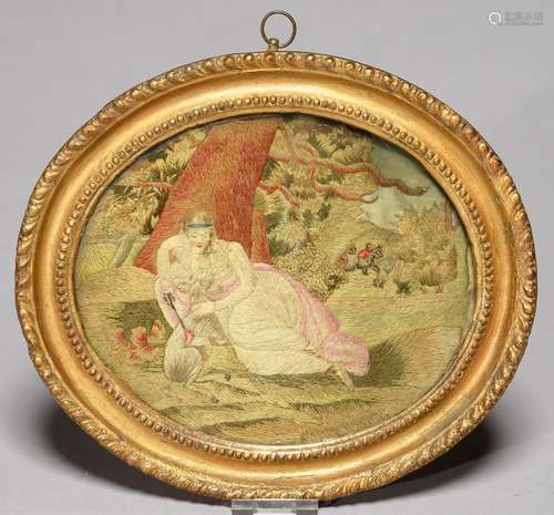 A REGENCY SILK PICTURE OF A YOUNG WOMAN EMBLEMATIC OF TENDERNESS, C1820, WITH PAINTED BACKGROUND,