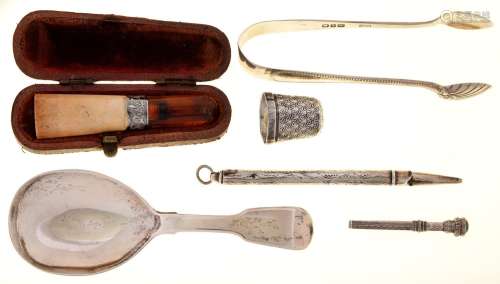 A WILLIAM IV SILVER CADDY SPOON, FIDDLE PATTERN, BY HYAM HYAMS, LONDON 1831, A PAIR OF SILVER