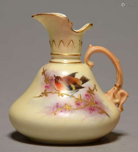 A LOCKE & CO WORCESTER PEAR SHAPED EWER, C1902-14, PAINTED WITH A BIRD ON A RAISED GILT BRANCH, ON