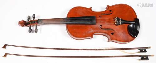 A GERMAN VIOLIN BEARING PRINTED LABEL COPY OF ANTONIO STRADIVARIUS MADE IN GERMANY, LENGTH OF BACK