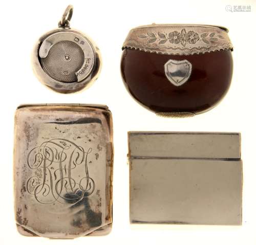 A VICTORIAN EPNS MOUNTED NUTSHELL VESTA CASE, 40MM H, A SILVER BOOK MATCH HOLDER, A SILVER SOVEREIGN