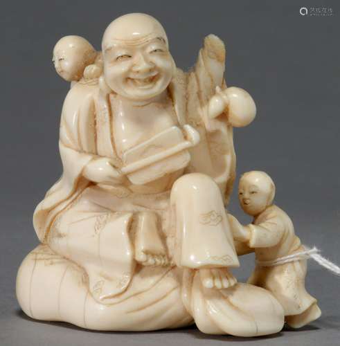 A JAPANESE IVORY OKIMONO OF HOTEI, MEIJI PERIOD, 75MM H, UNSIGNED Lacks left hand