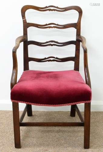 A MAHOGANY LADDER BACK ELBOW CHAIR, 20TH C, DISHED SEAT, SEAT HEIGHT 43CM Slight handling wear but