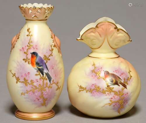 TWO LOCKE & CO WORCESTER VASES, C1902-14, PAINTED WITH A BIRD ON A RAISED GILT BRANCH, ON SHADED