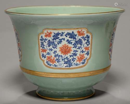 A CHINESE CELADON AND UNDER GLAZED BLUE JARDINIERE, REPUBLIC PERIOD, FINELY PAINTED