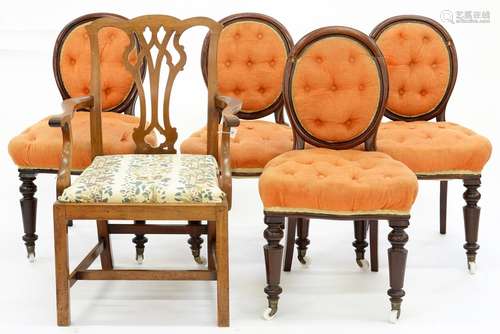 A SET OF FOUR VICTORIAN MAHOGANY DINING CHAIRS ON TURNED FORE LEGS, LATER UPHOLSTERED IN BUTTON BACK