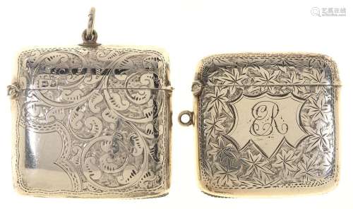 TWO VICTORIAN SILVER VESTA CASES, FOLIATE ENGRAVED, 40 AND 43MM H, BY DIFFERENT MAKERS, CHESTER