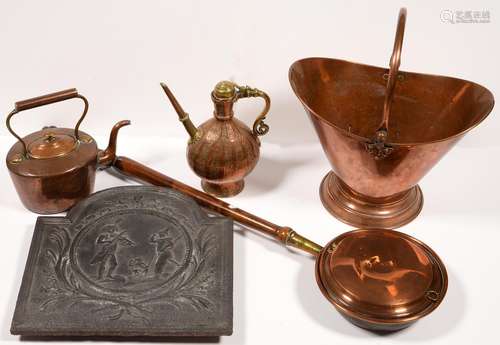 MISCELLANEOUS METALWARE, INCLUDING CAST IRON FIREBACK AND COPPER COAL SCUTTLE, ETC