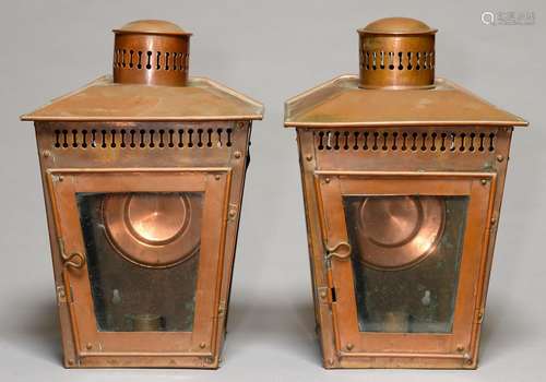 A PAIR OF COPPER WALL OR BACK LANTERNS, 30CM H Attractive small lanterns in good condition, not