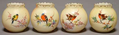 TWO PAIRS OF LOCKE & CO WORCESTER MINIATURE GLOBULAR VASES, C1902-14, PAINTED WITH A BIRD ON BLOSSOM