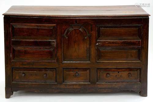 A GEORGE III OAK MULE CHEST, EARLY 19TH C, 82CM H; 142 X 50CM Altered. Boarded top with shrinkage