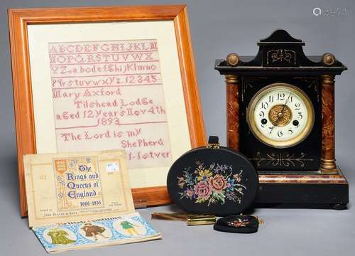 AN EBONISED AND FAUX MARBLE MANTLE CLOCK IN ARCHITECTURAL STYLE CASE, 34CM H, LATE 19TH C, A FRAMED