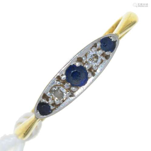 A SAPPHIRE AND DIAMOND RING, IN GOLD, ENGRAVED WITH INITIALS AND DATE 1927, MARKED PLAT & 18CT,