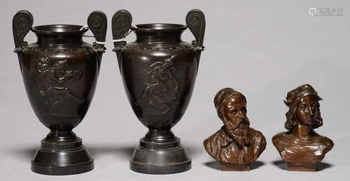 A PAIR OF ITALIAN MINIATURE BRONZE BUSTS OF TITIAN AND RAPHAEL, C1900, RICH LIGHT BROWN PATINA, 10CM