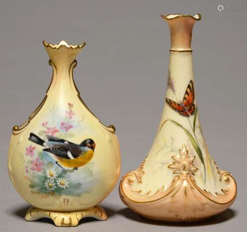 TWO LOCKE & CO WORCESTER VASES, C1896-1903 AND C1902-14, THE FIRST PAINTED WITH A BUTTERFLY, THE