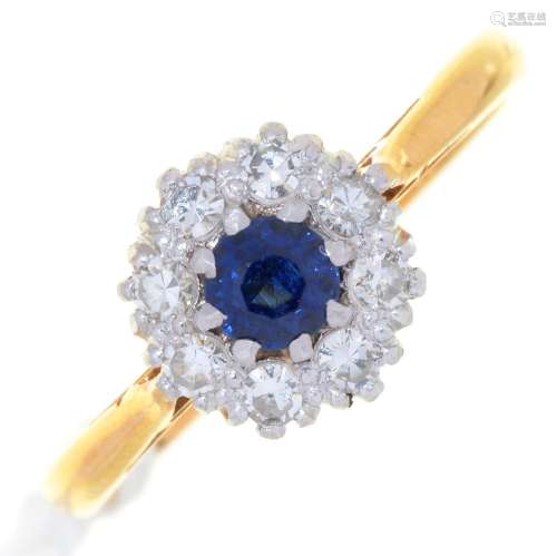 A SAPPHIRE AND DIAMOND CLUSTER RING, 18CT GOLD HOOP, HEAD 7MM, BIRMINGHAM 1960, 3.G, SIZE M½ Good