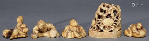 FOUR JAPANESE IVORY NETSUKES AND A SEAL, MEIJI PERIOD, THE SEAL CARVED WITH TWO CRABS, 4.5CM H,