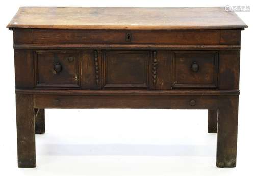 A WILLIAM AND MARY OAK CHEST WITH APPLIED MOULDING ON UNUSUALLY TALL STYLES, THE INTERIOR WITH A